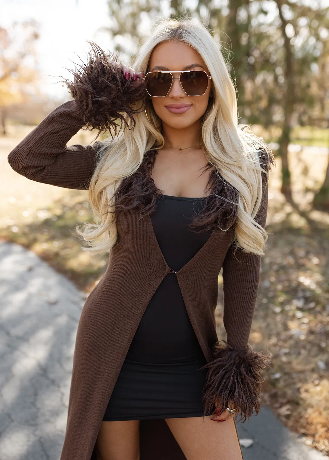 Material Girl Long Fur Cardigan - Chocolate