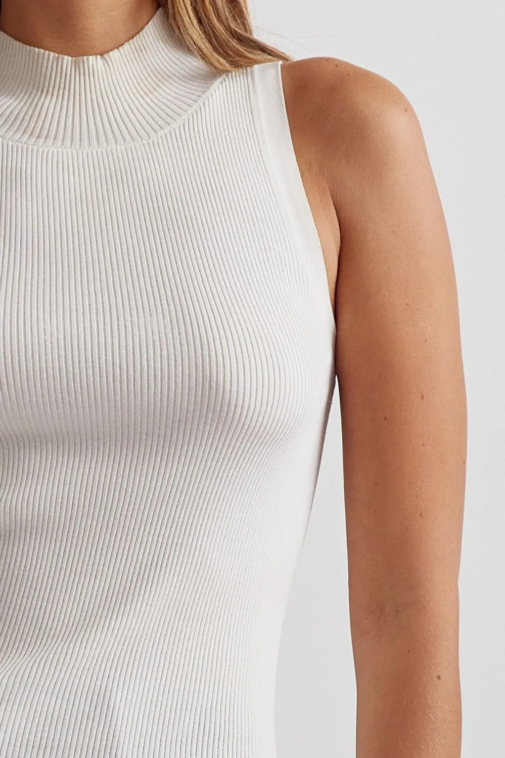 Mock Neck Sleeveless Ribbed Top - Off White