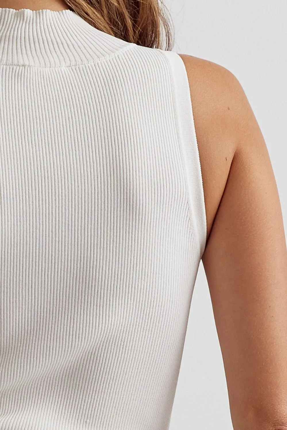 Mock Neck Sleeveless Ribbed Top - Off White