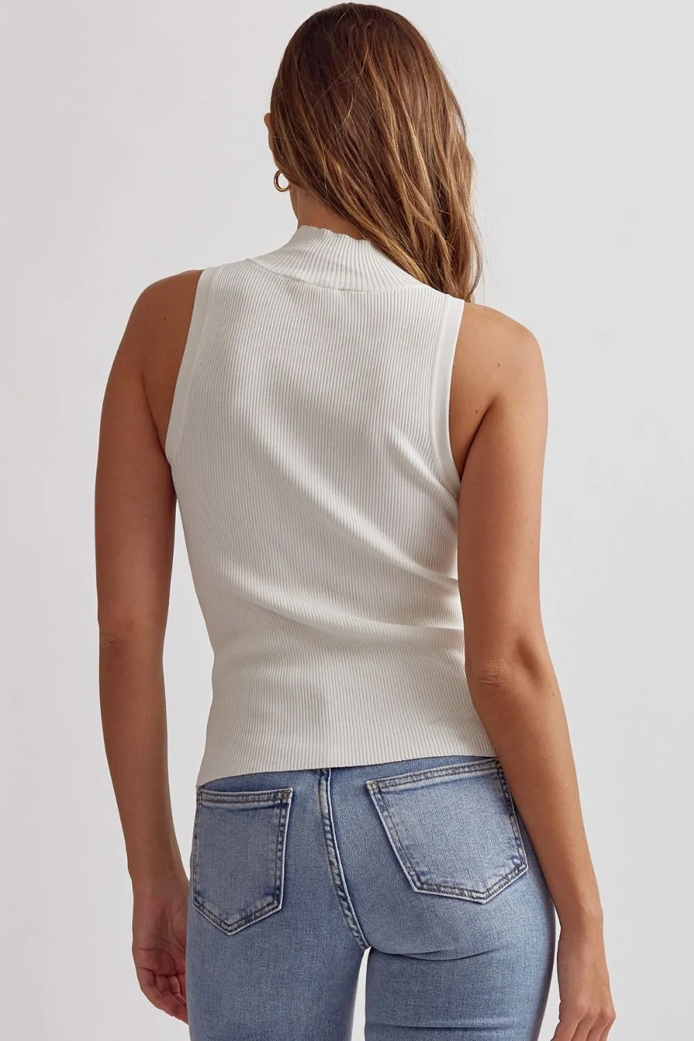 Mock Neck Sleeveless Ribbed Top - Off White