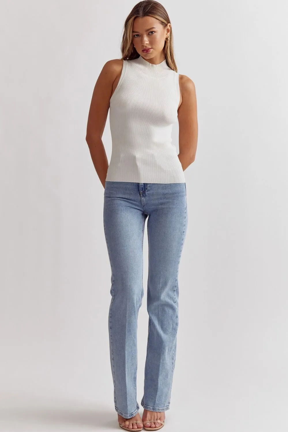 Mock Neck Sleeveless Ribbed Top - Off White