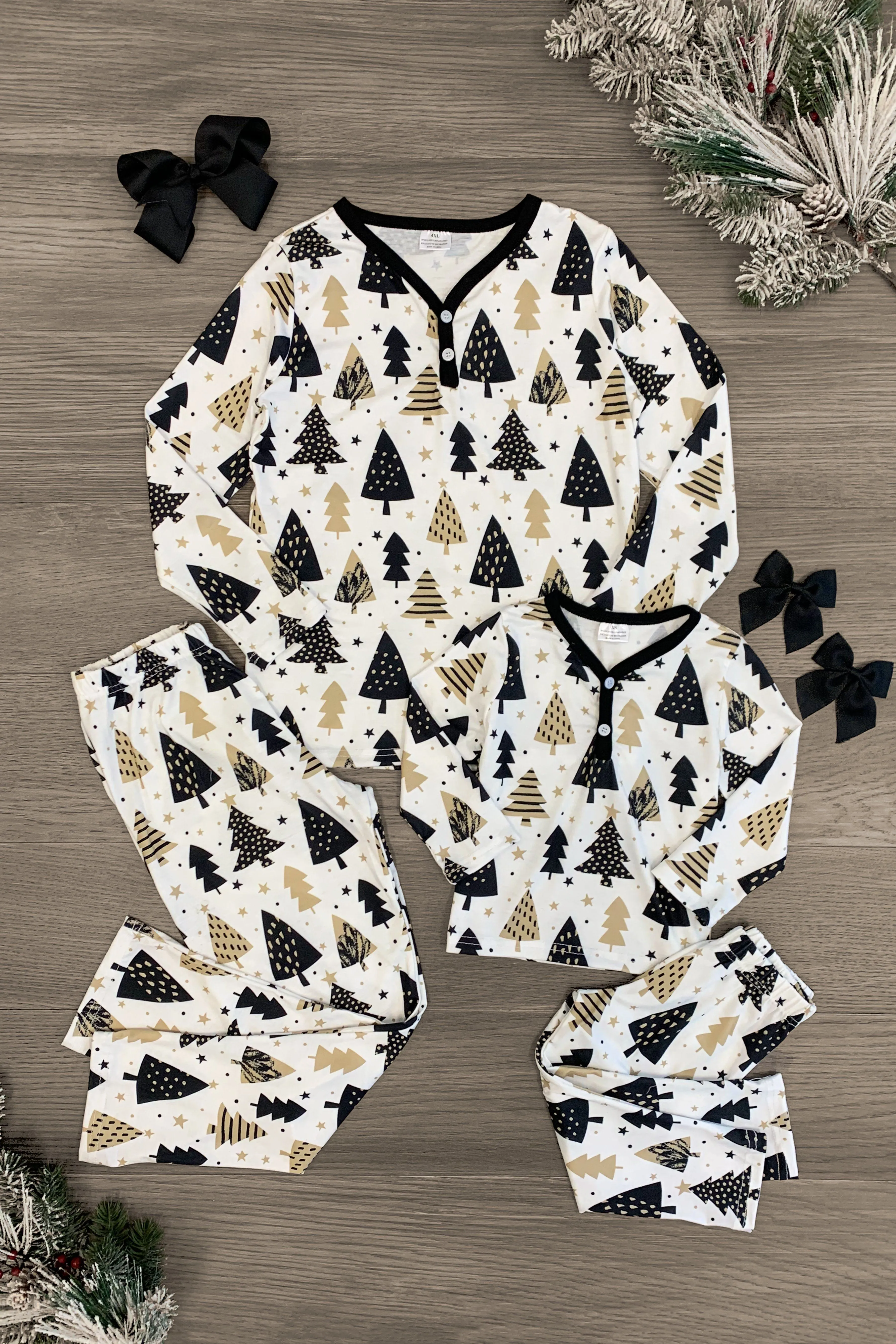 Mom & Me - Gold & Black Festive Tree Pajamas