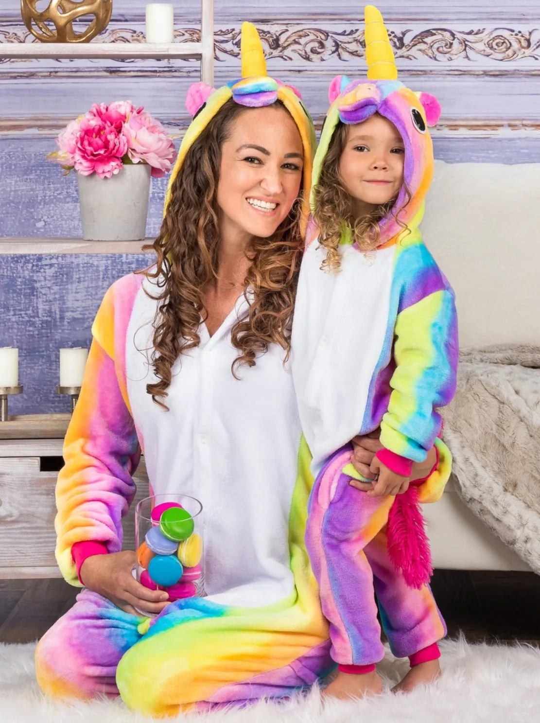 Mommy and Me Pastel Rainbow Unicorn Onesie Pajamas