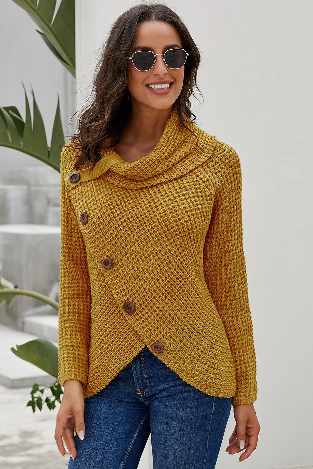 Mustard Buttoned Wrap Turtleneck Sweater