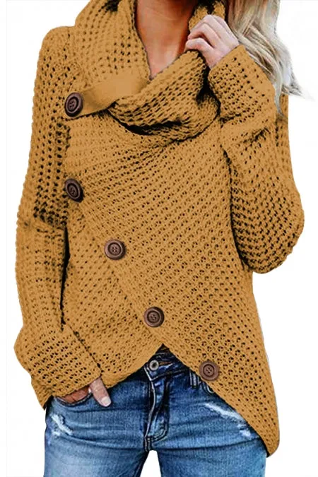 Mustard Buttoned Wrap Turtleneck Sweater