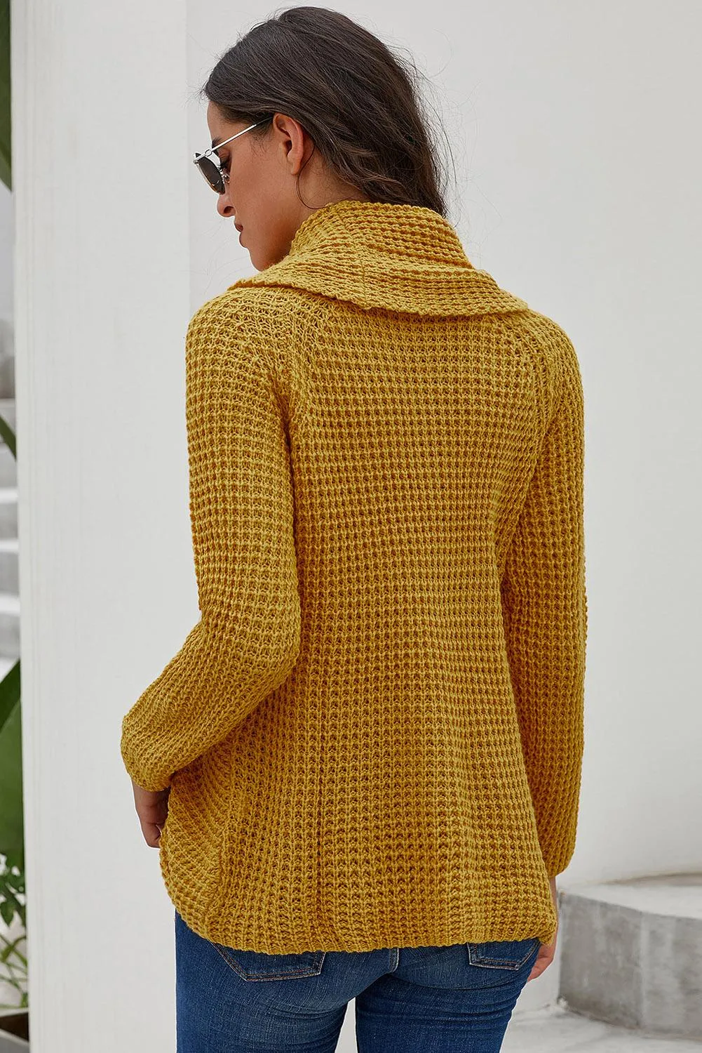 Mustard Buttoned Wrap Turtleneck Sweater