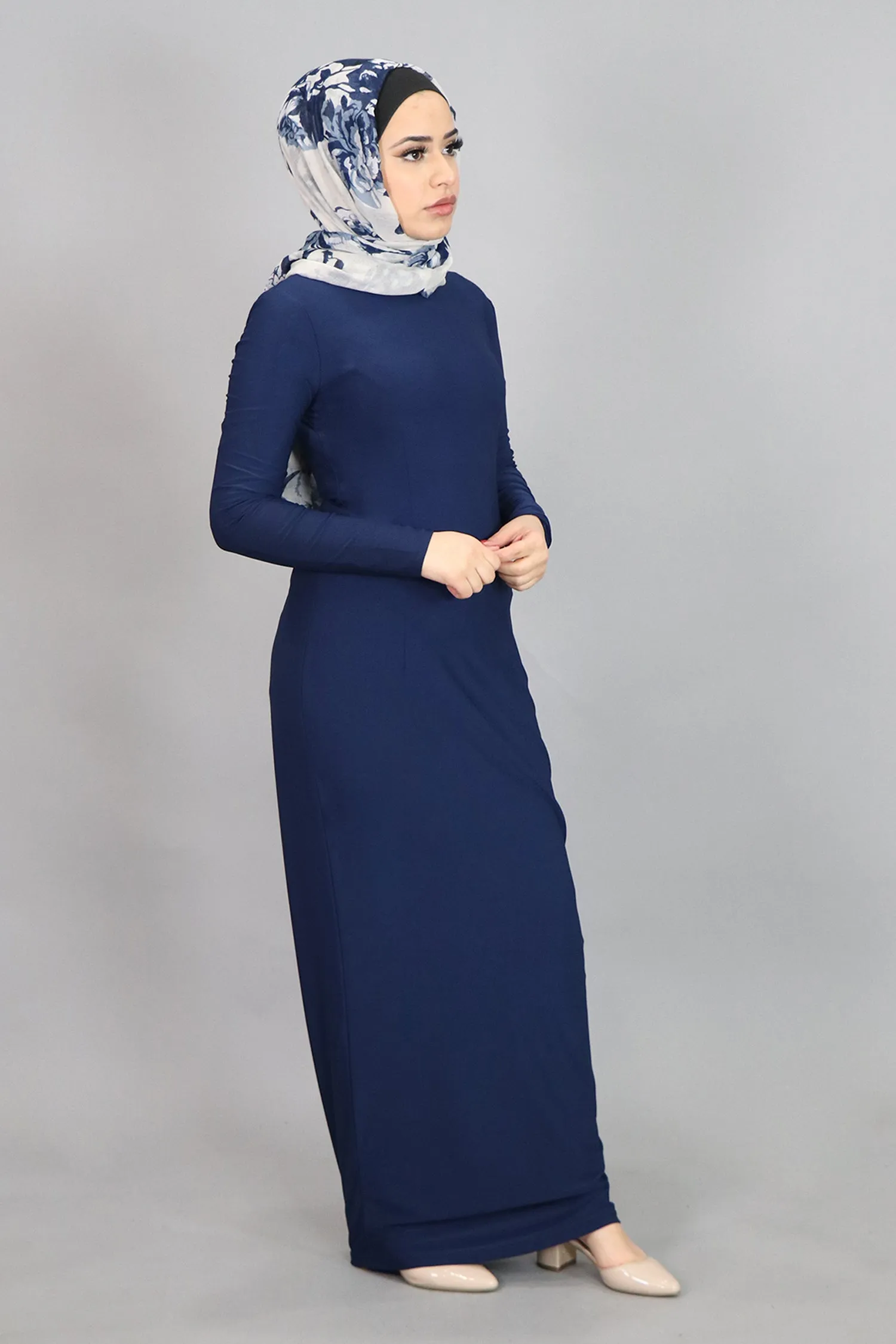 Navy Blue Plain Fitted Spandex Maxi Dress