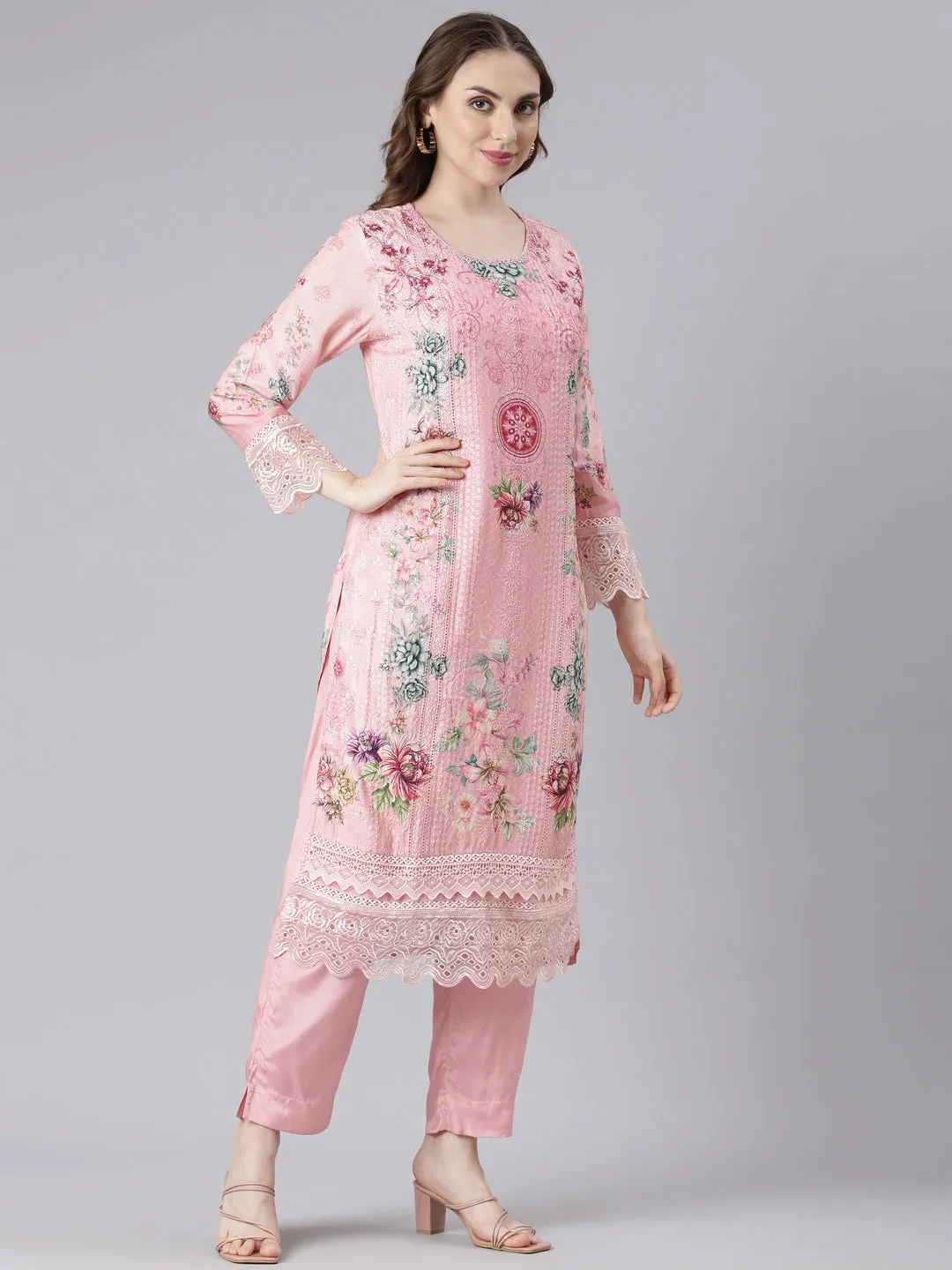 Neerus Pink Muslin Straight Casual Floral Kurta and Trouser with Dupatta