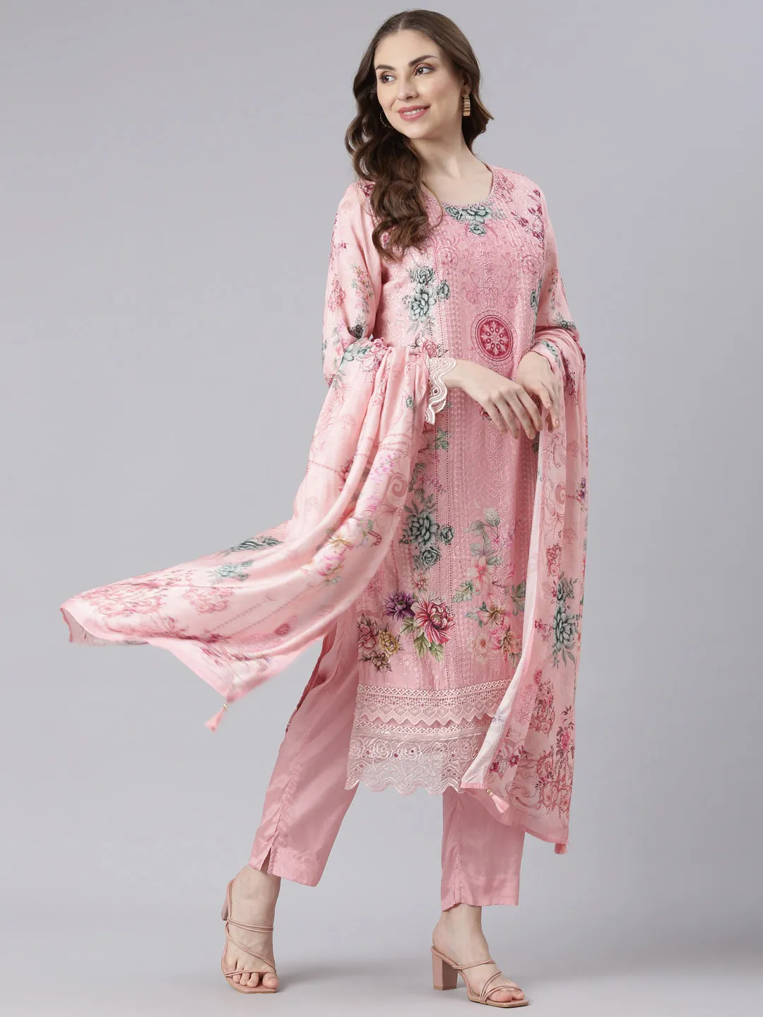 Neerus Pink Muslin Straight Casual Floral Kurta and Trouser with Dupatta