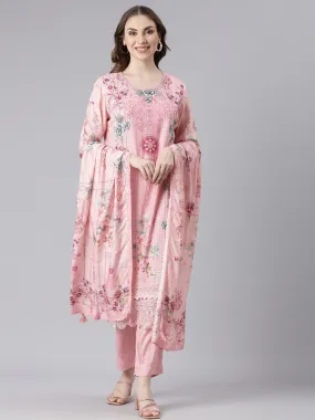 Neerus Pink Muslin Straight Casual Floral Kurta and Trouser with Dupatta