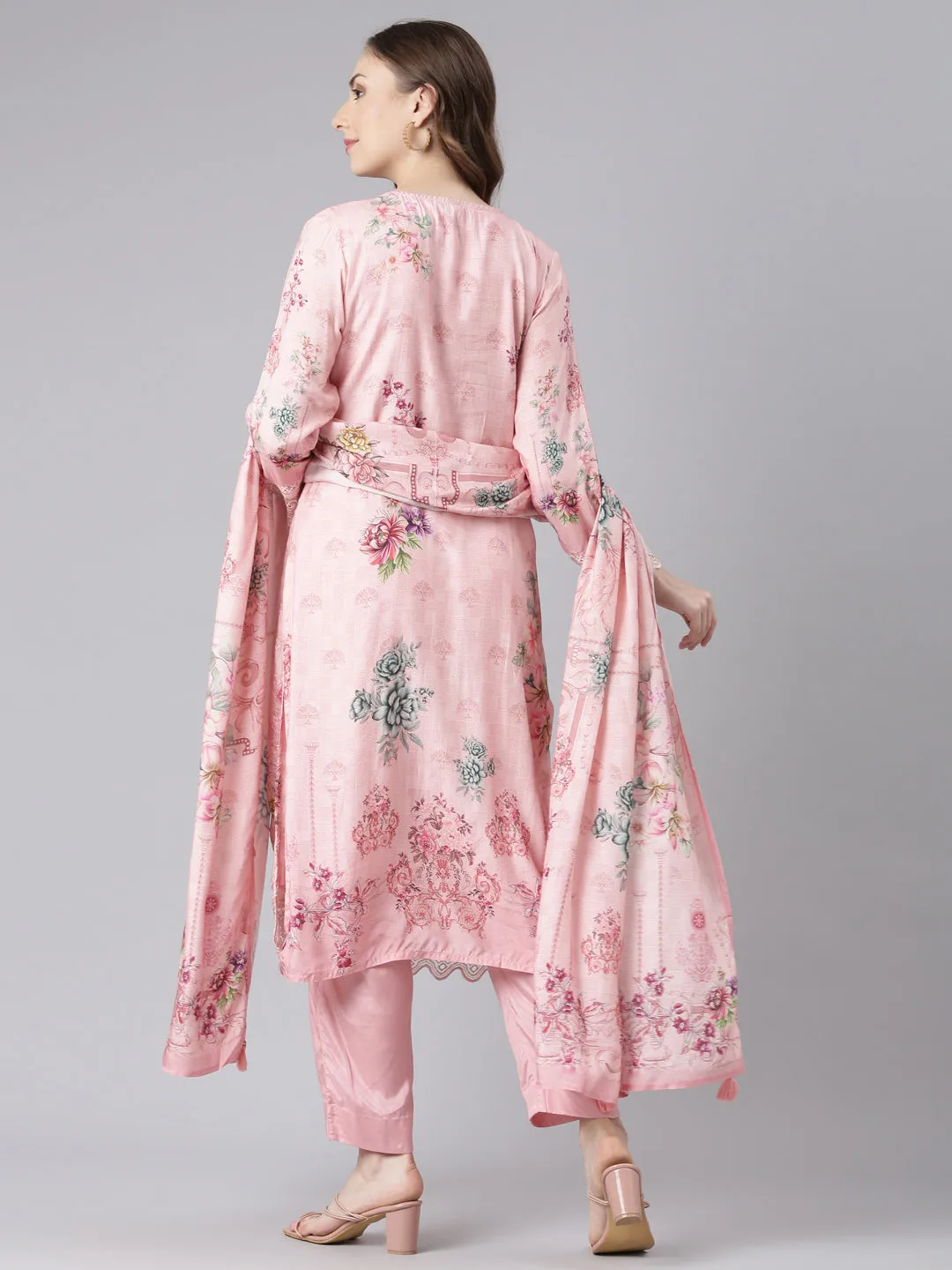 Neerus Pink Muslin Straight Casual Floral Kurta and Trouser with Dupatta