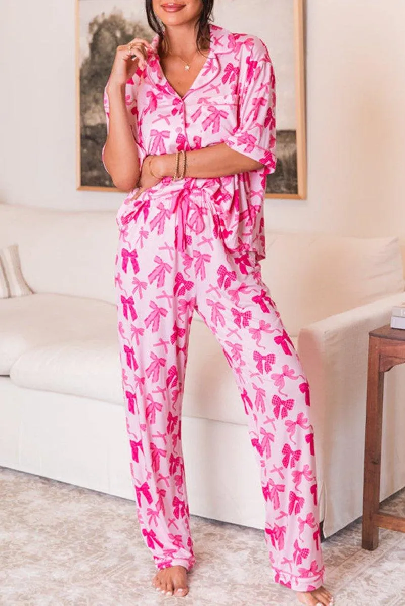 Pink Bow Knots Print Short Sleeve and Pants Pajamas Set