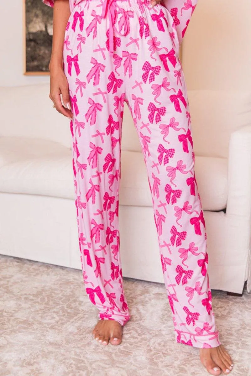 Pink Bow Knots Print Short Sleeve and Pants Pajamas Set