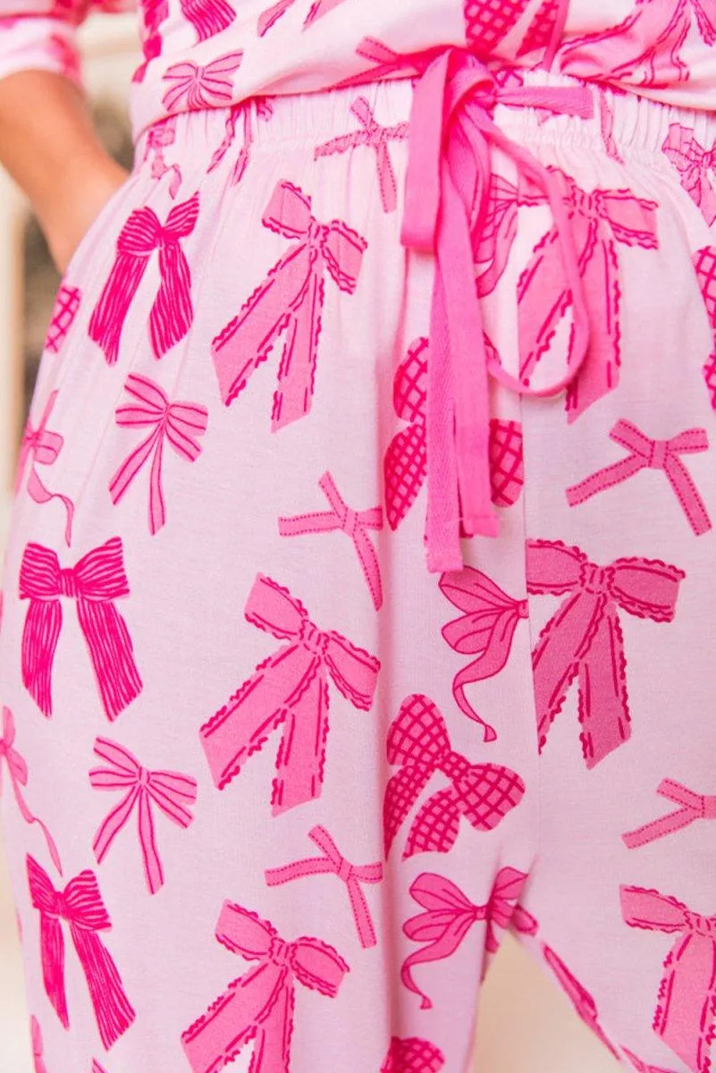 Pink Bow Knots Print Short Sleeve and Pants Pajamas Set