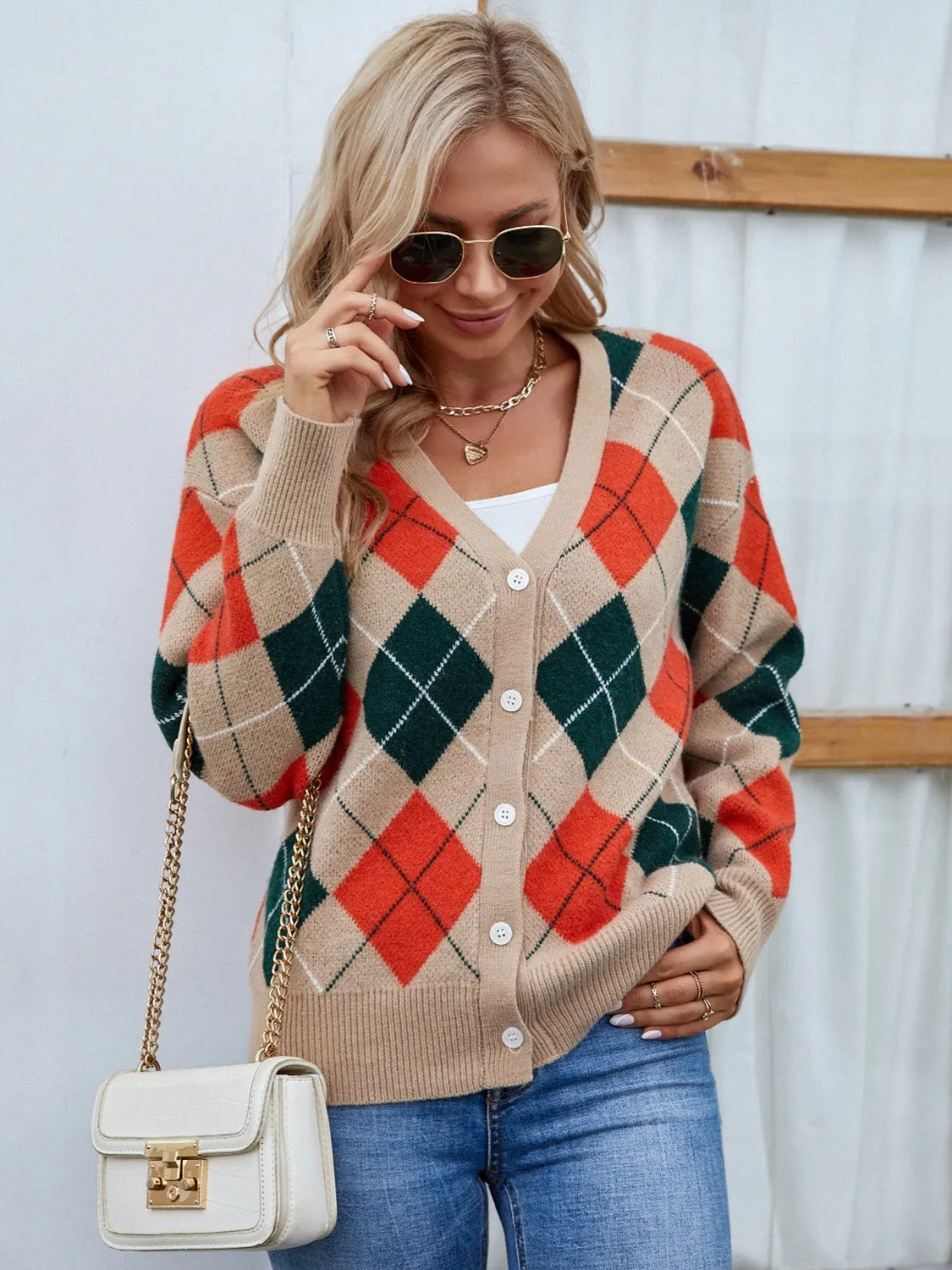 Plaid Contrast Button Up Cardigan