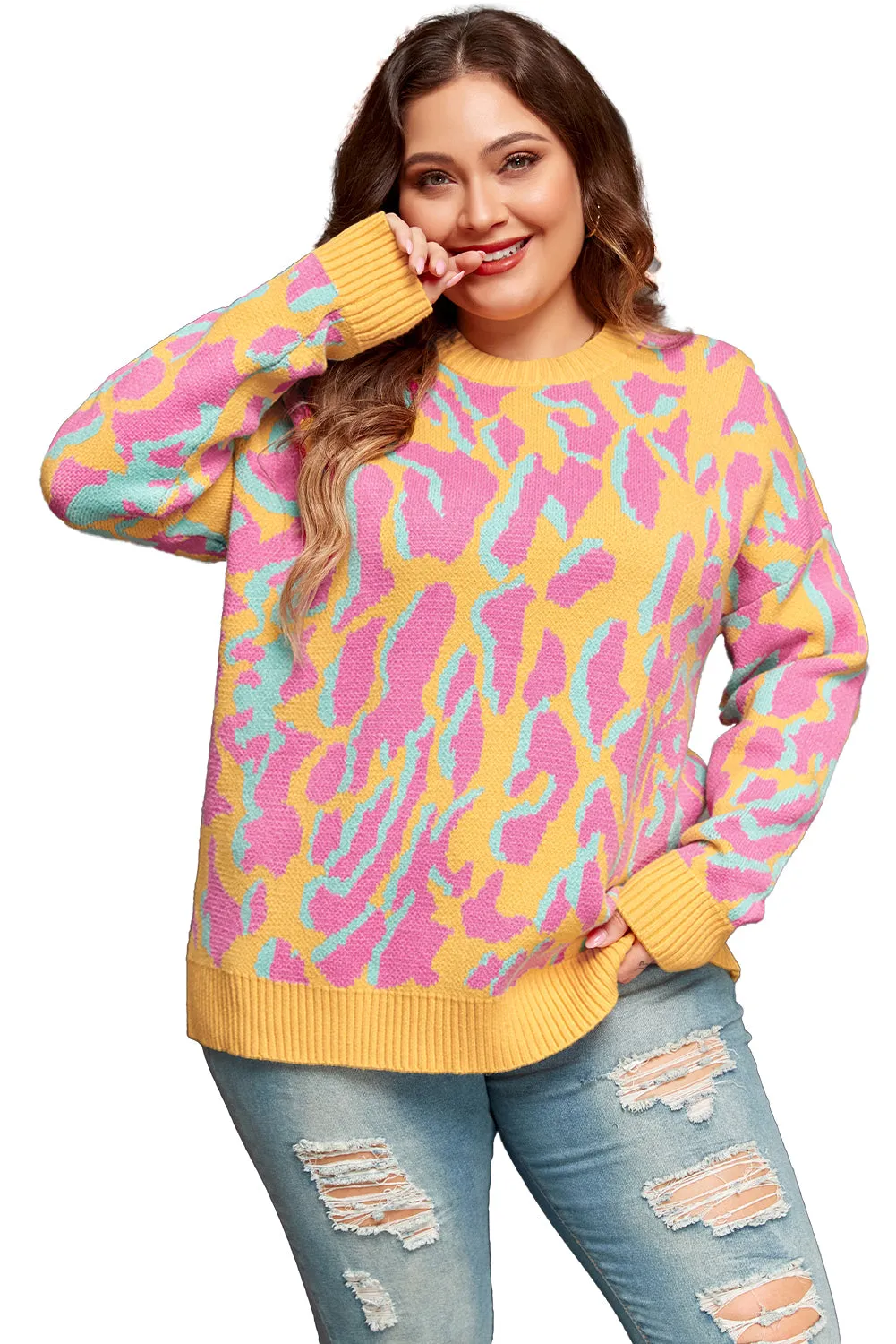 Plus Size Leopard Ribbed Trim Sweater