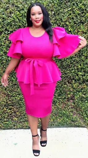 Plus Size Ruffle sleeves Ruff Hem Skirts Set With Belt