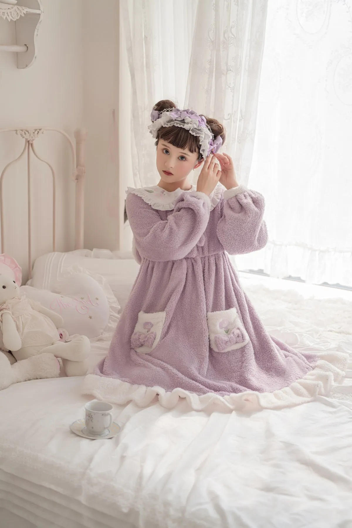 Plush Rabbit Purple Long Pajamas Sleepwear Dress