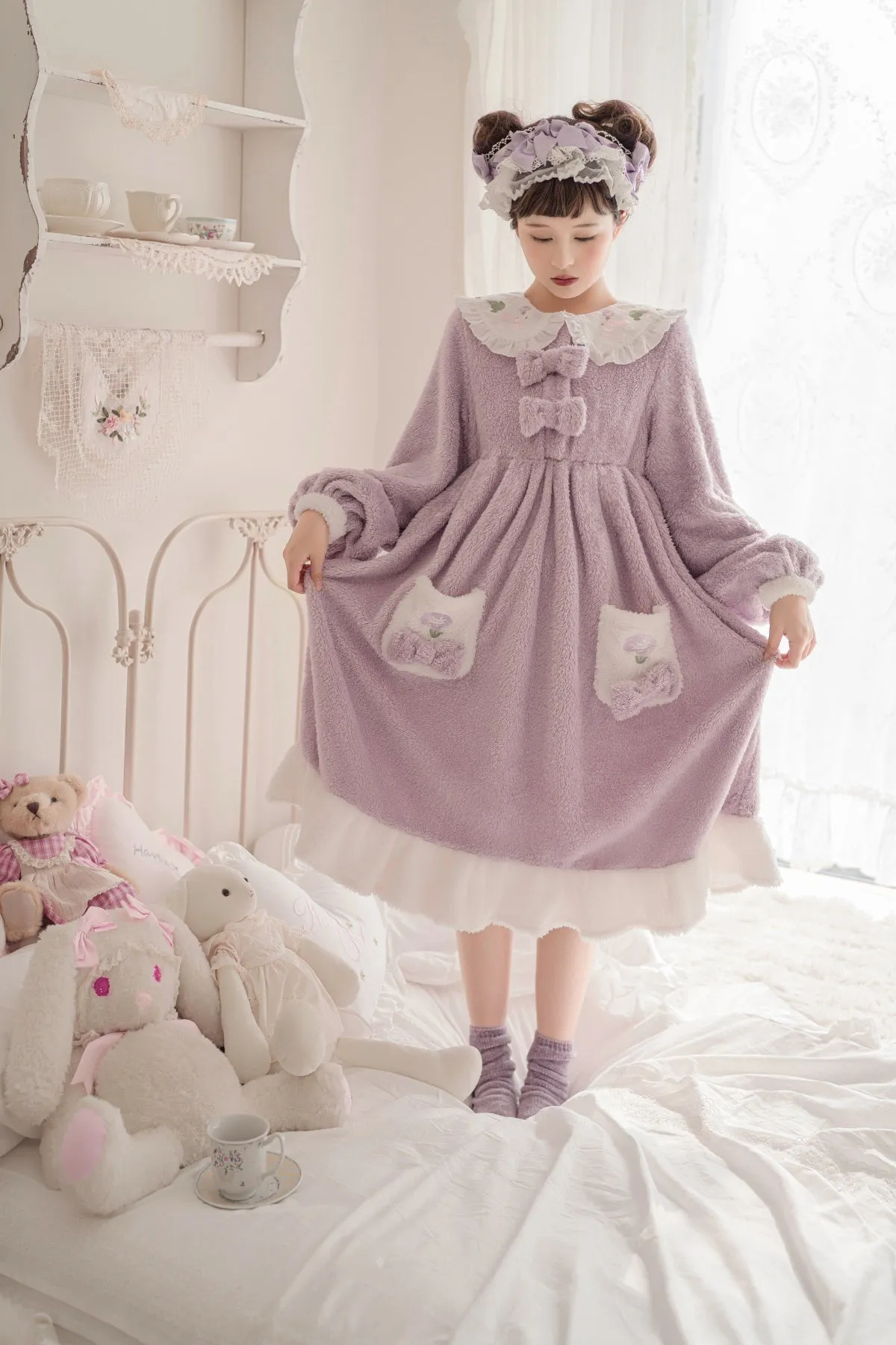 Plush Rabbit Purple Long Pajamas Sleepwear Dress