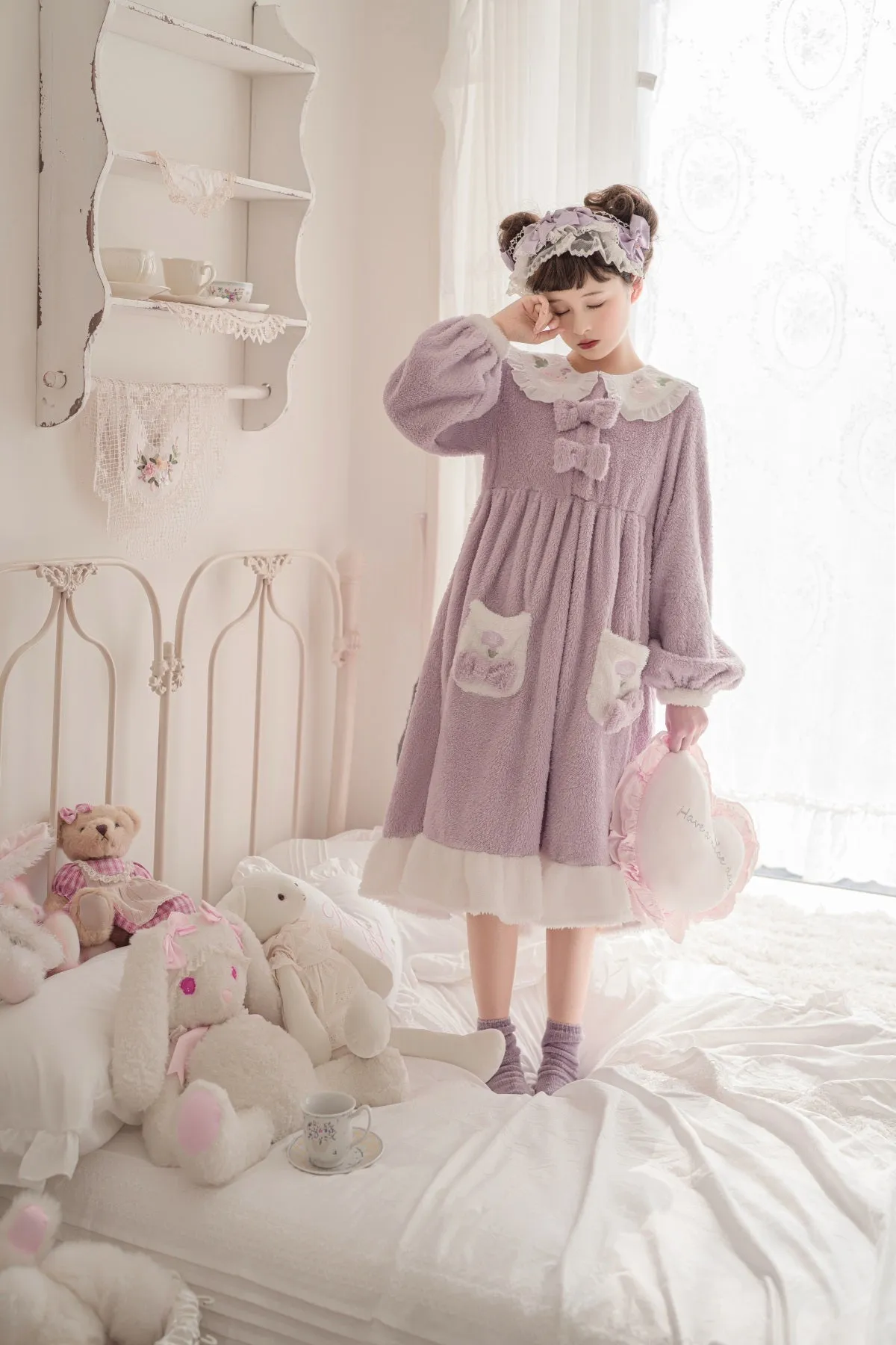 Plush Rabbit Purple Long Pajamas Sleepwear Dress