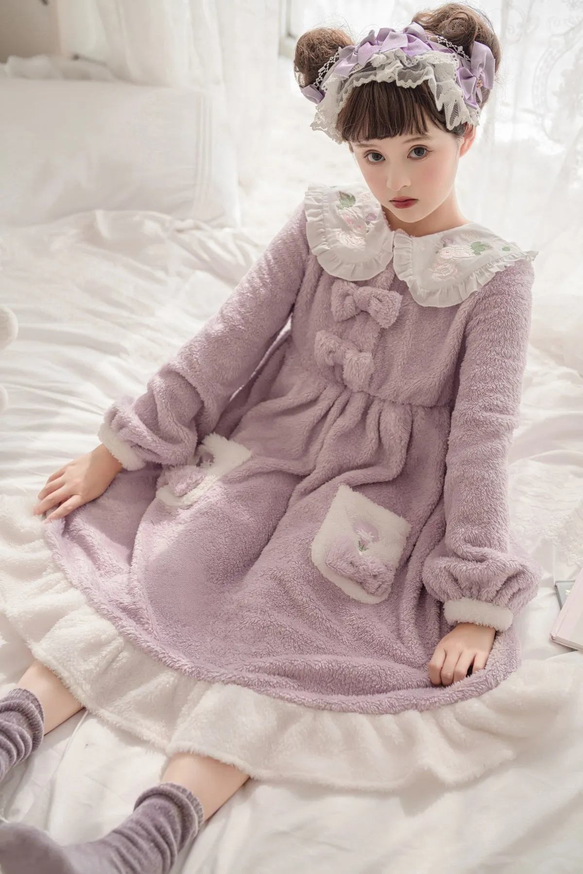 Plush Rabbit Purple Long Pajamas Sleepwear Dress