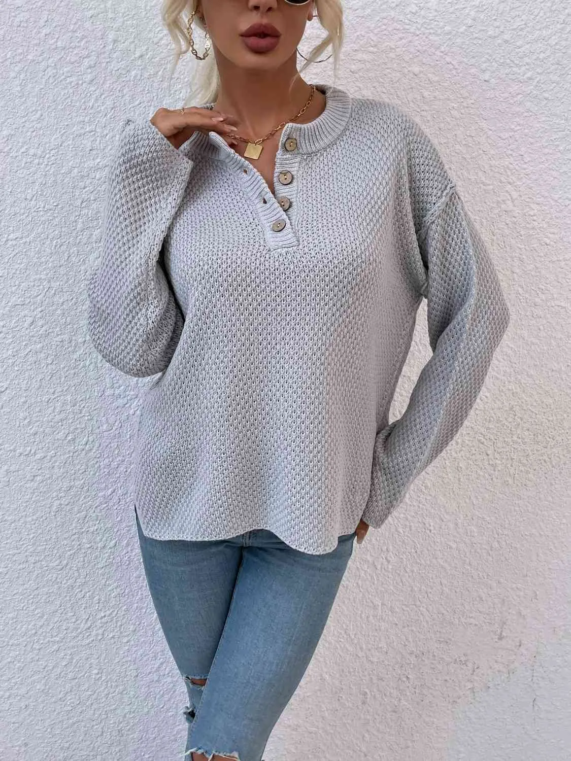 Quarter-Button Slit Sweater