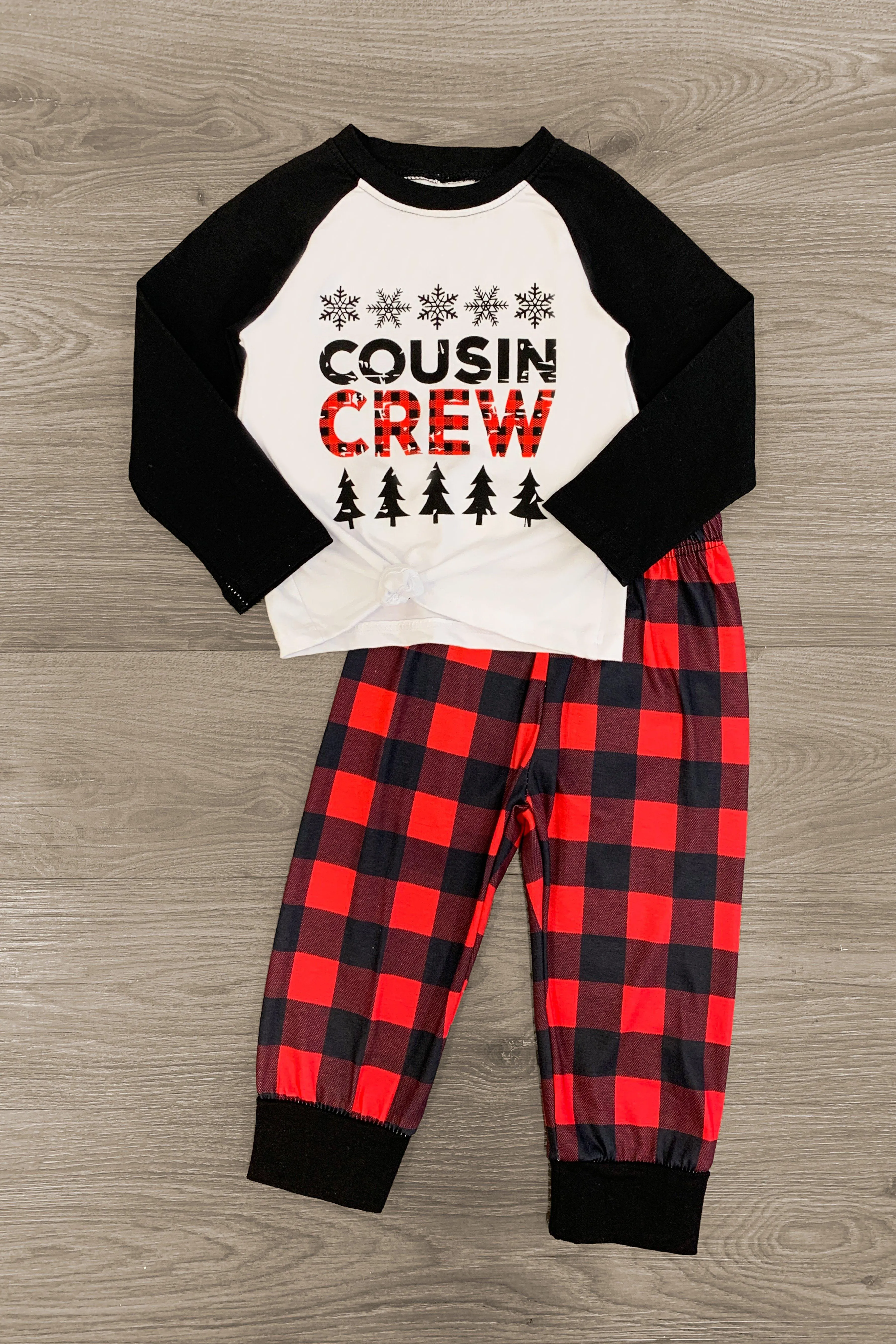 "Cousin Crew" White & Buffalo Plaid Pajamas - AND PET BANDANA!