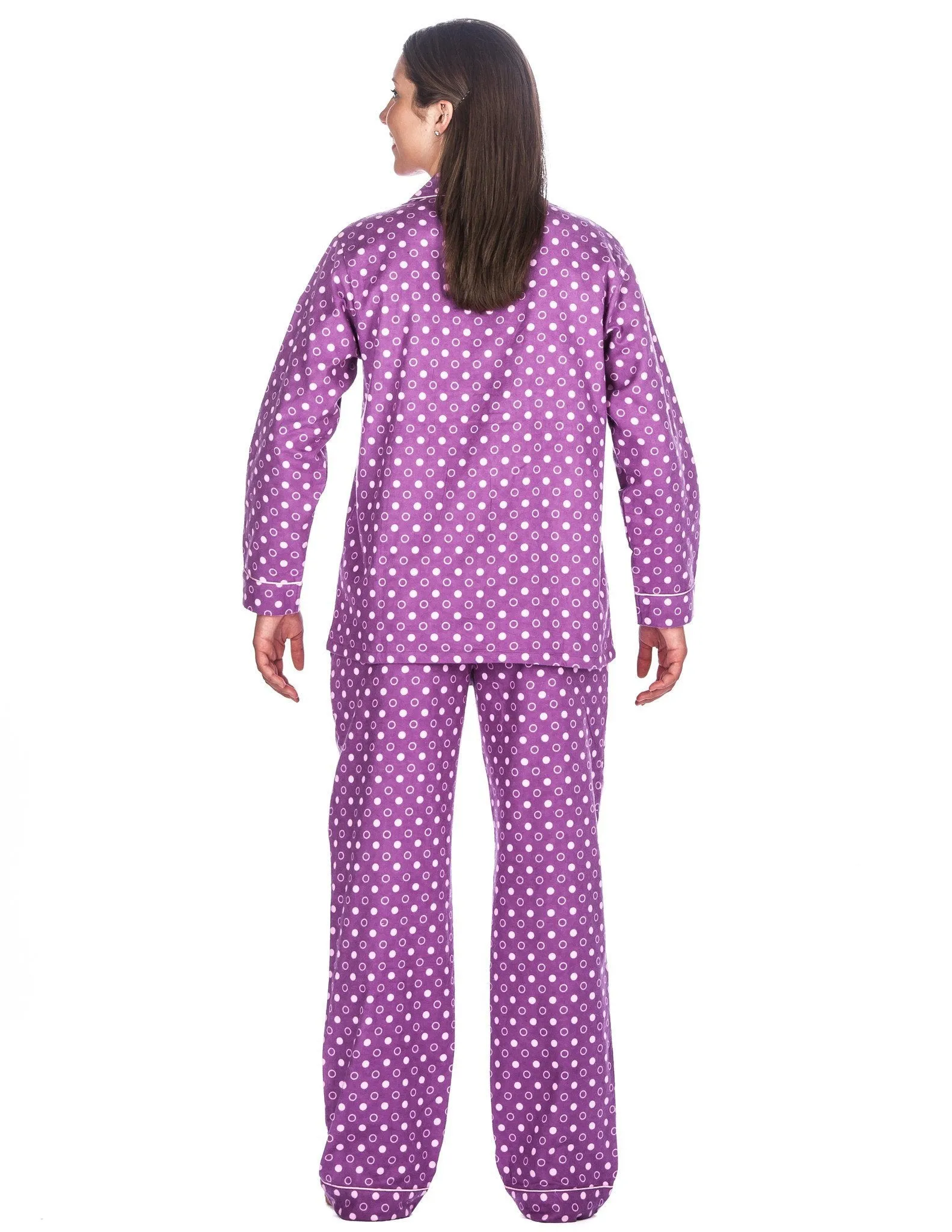 Realxed Fit Womens 100% Cotton Flannel Pajama Sleepwear Set - Polka Circles Purple