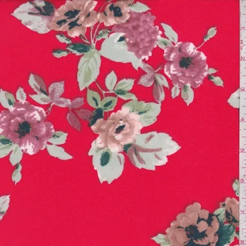 Red/Mauve Multi Floral Brushed Jersey Knit Fabric