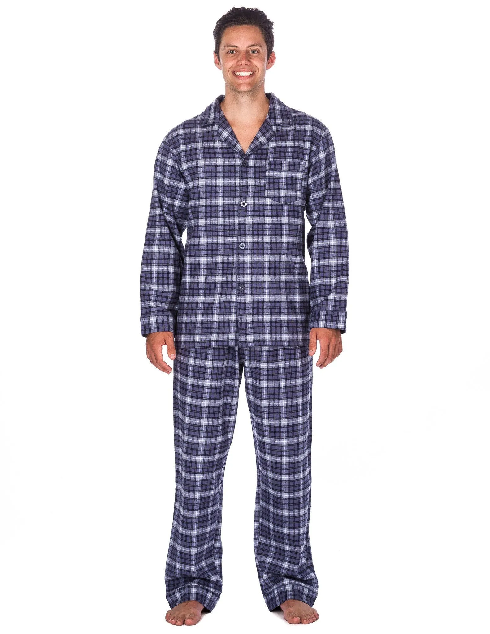 Relaxed Fit Men's Premium 100% Cotton Flannel Pajama Sleepwear Set - Blue/White Plaid