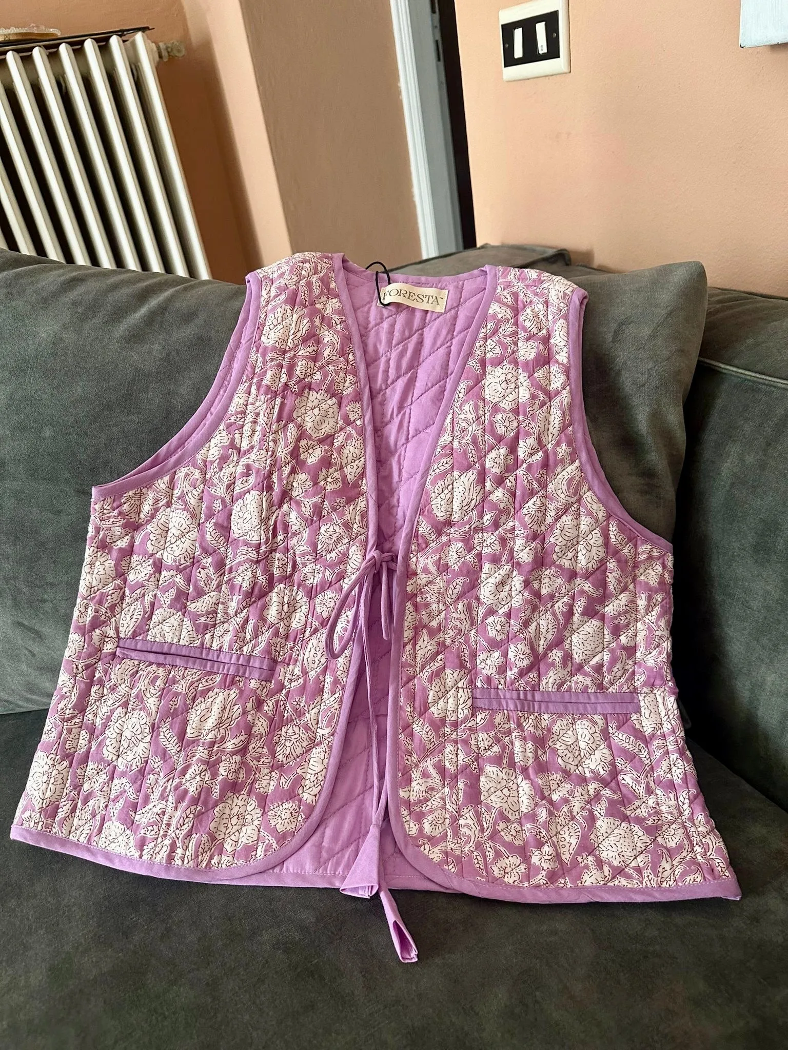 Reversible lilac floral quilted vest