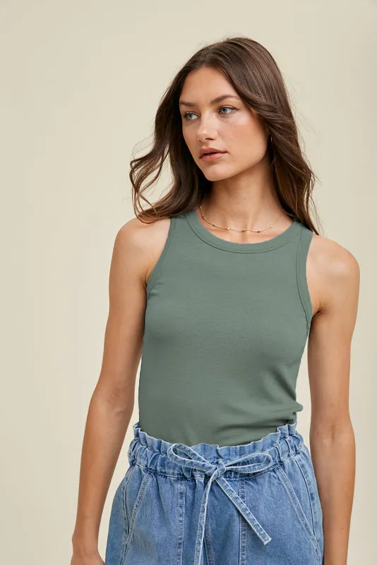 Ribbed Knit Cropped Round Neck Tank - Dark Sage