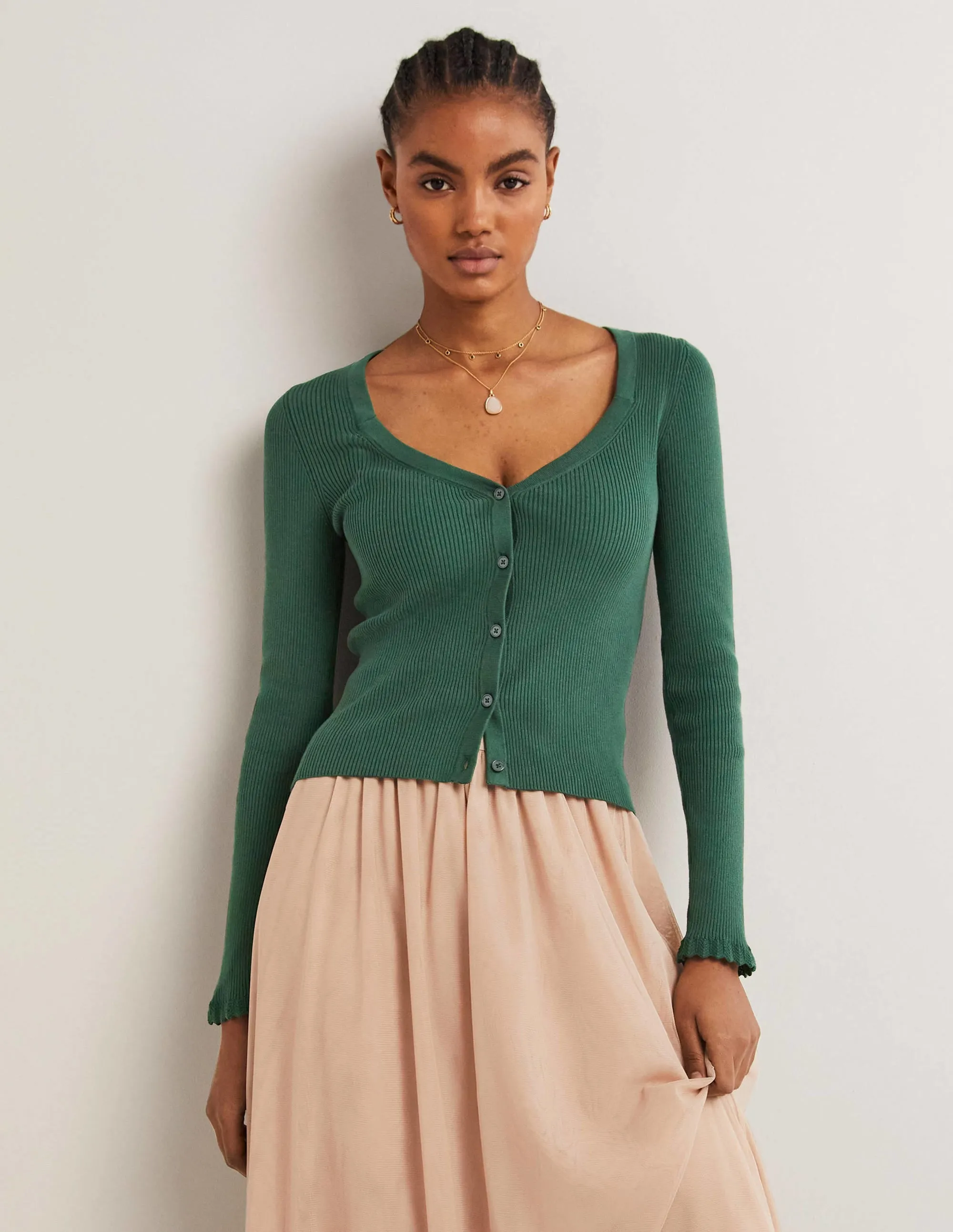 Ribbed Sweetheart Cardigan-Trekking Green