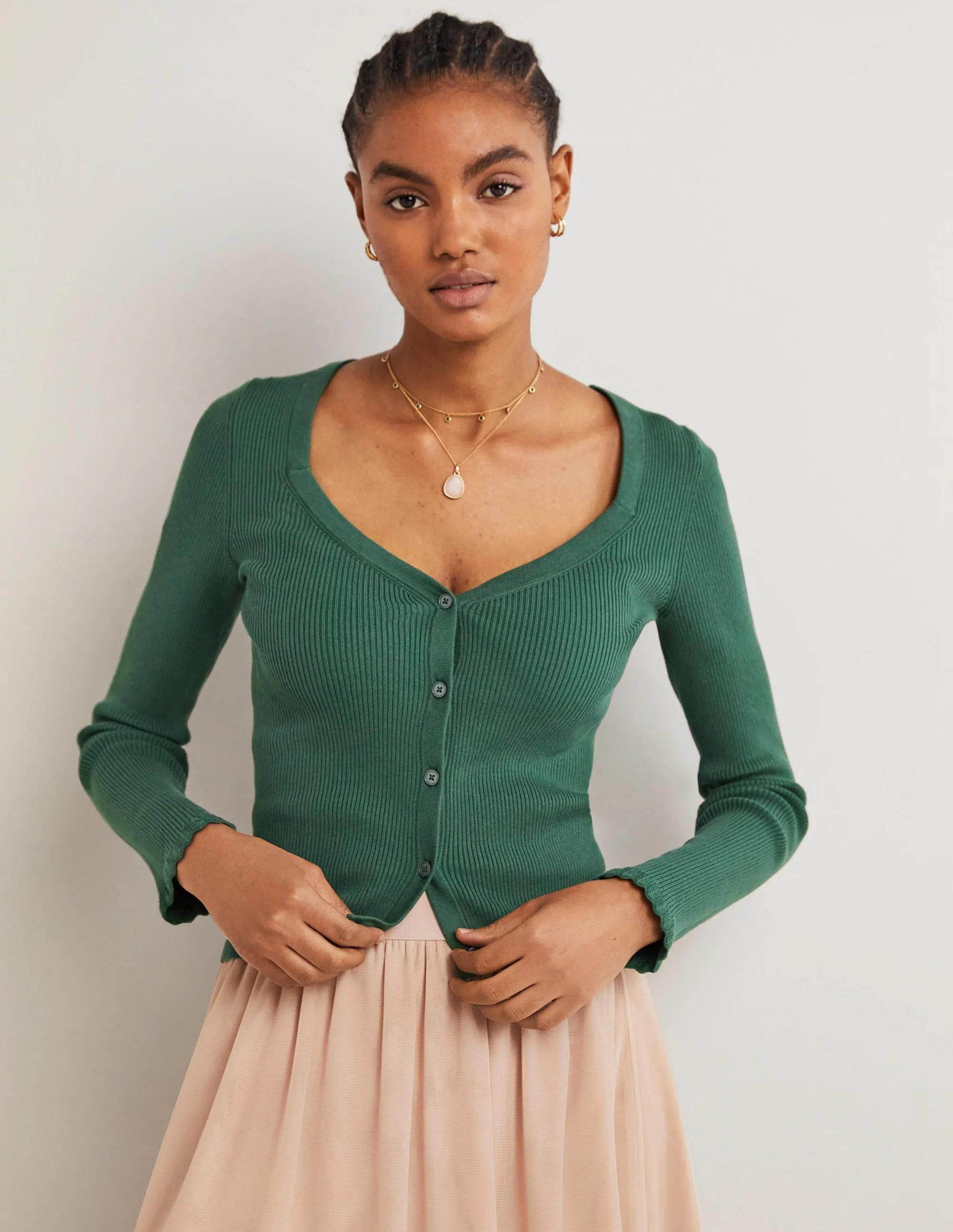 Ribbed Sweetheart Cardigan-Trekking Green