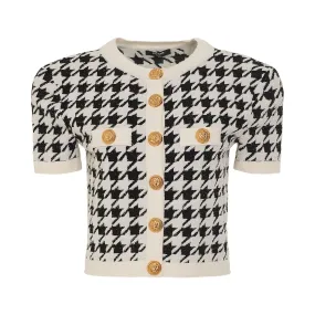 Short Sleeve Houndstooth Buttoned Tweed Cardigan in Egg Shell