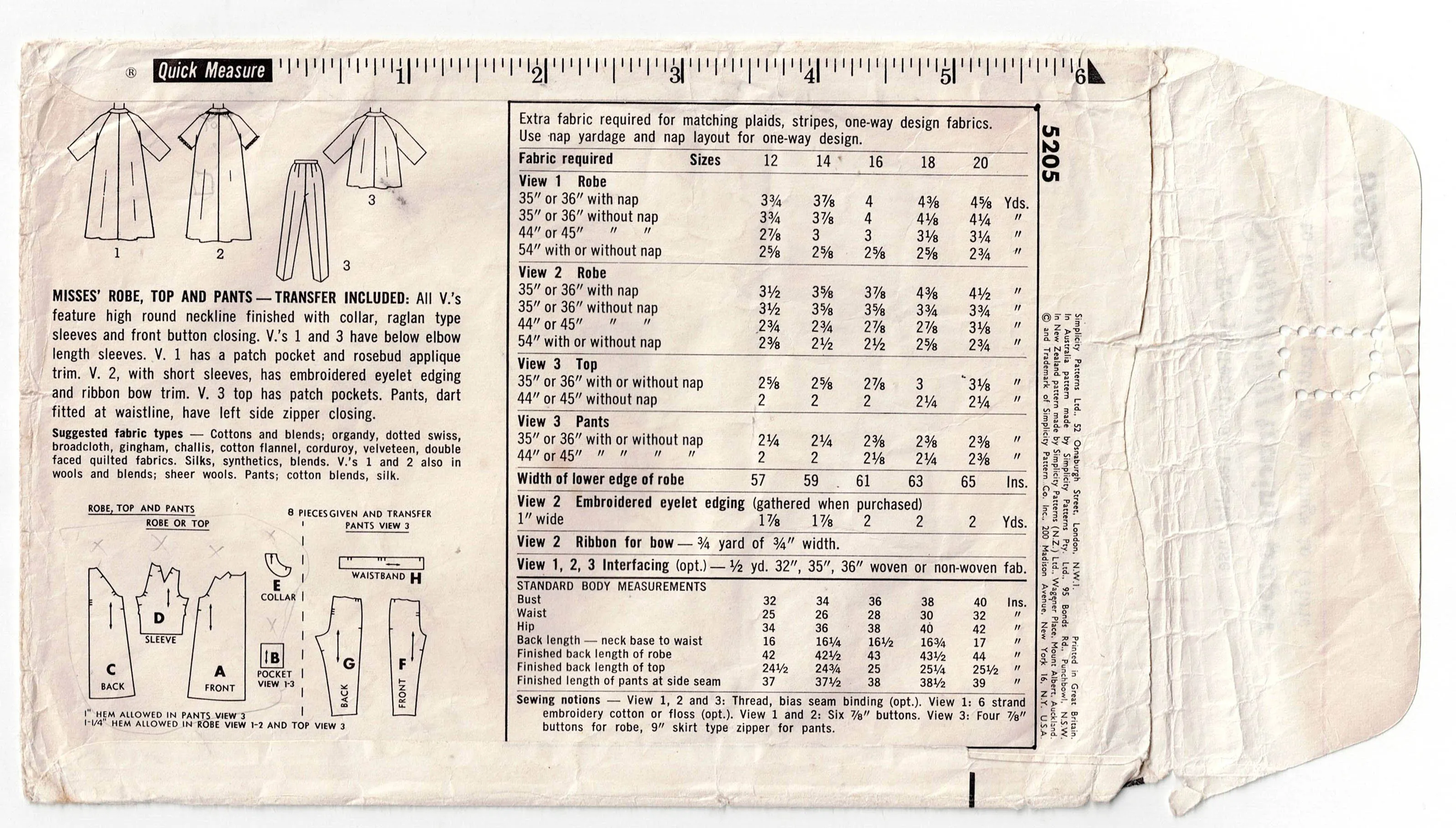 Simplicity 5205 Womens Raglan Sleeve Robe & Pyjamas 1960s Vintage Sewing Pattern Size 12 Bust 32 inches