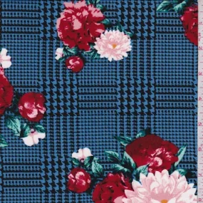 Sky Blue/Ruby Glen Plaid Floral Double Brushed Jersey Knit Fabric