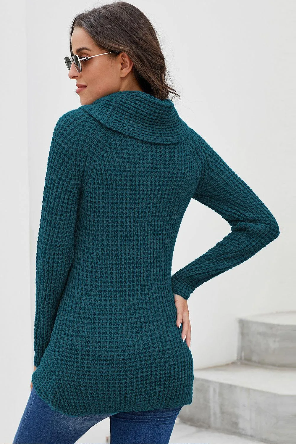 Slate Blue Buttoned Wrap Turtleneck Sweater