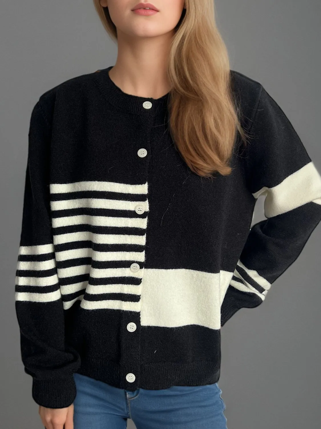 Striped Color Block Round Neck Cardigan