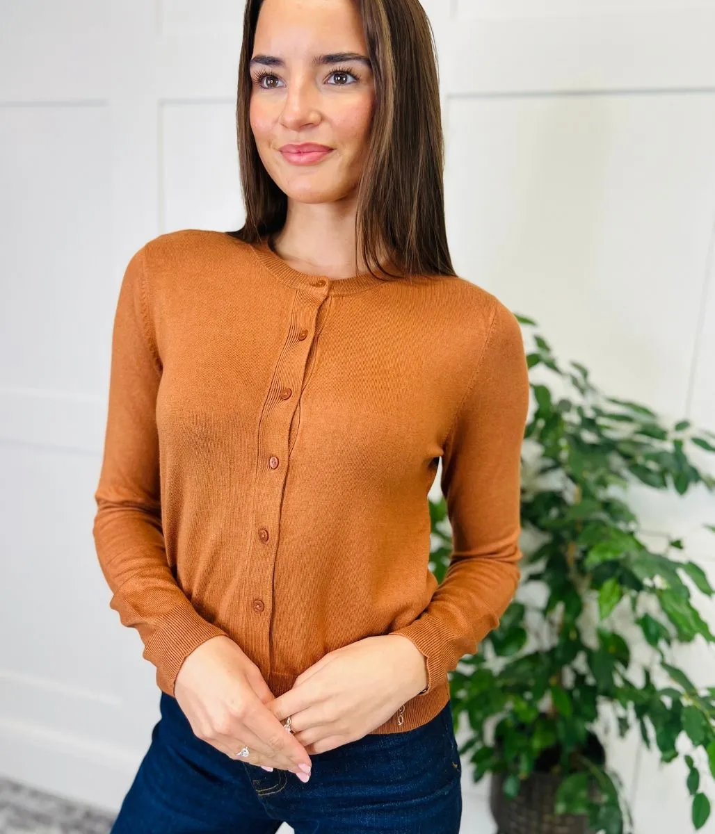 Tan Classic Round Neck Cardigan