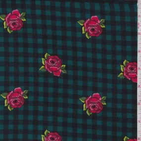 Teal/Black/Pink Floral Check Double Brushed Jersey Knit Fabric