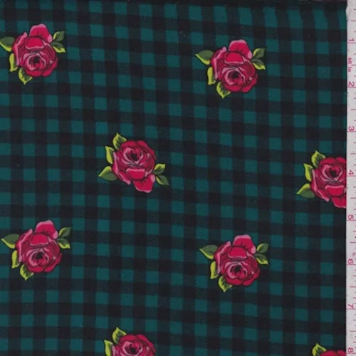 Teal/Black/Pink Floral Check Double Brushed Jersey Knit Fabric