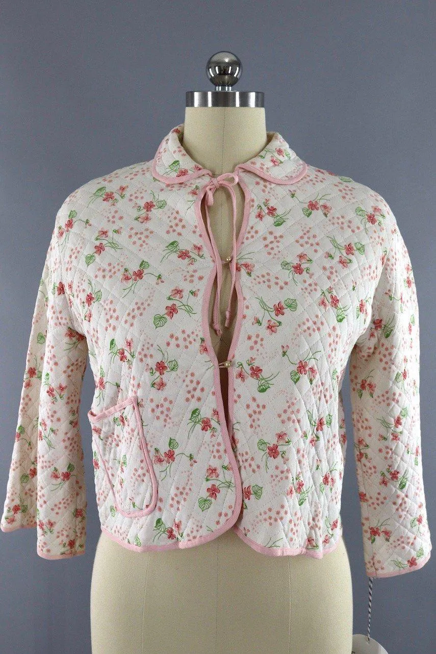 Vintage 1950s Winks Pink Floral Print Quilted Bed Jacket