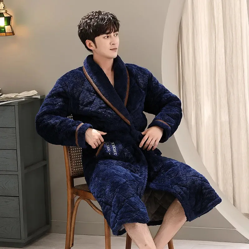 WIAOFELLAS Winter 3 Layers Coral Fleece Bath Robe Men Bathroom Robe Men Bathrobe Men Quilted Pajamas Thick Long Spa Robe Shower Homewear