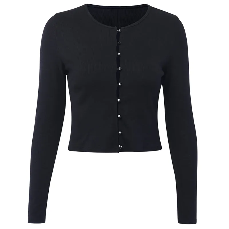 Women's Spring/Autumn Long Sleeve Buttoned Slim Cropped Cardigan